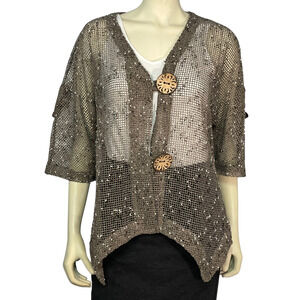Lulu B Sz M Mesh Knit Cardigan Large Wood Buttons Angled Hemline Lagenlook Brown